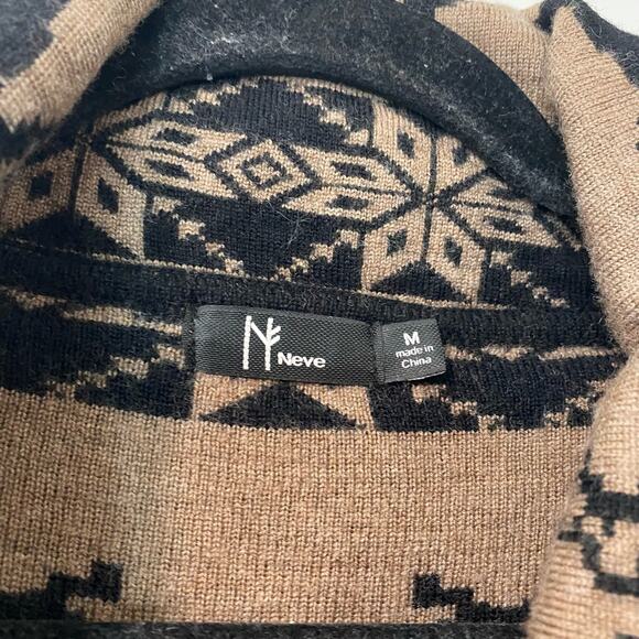 Neve Women's Sweater Coat Brown Black Merino Wool Toggle Buttons Deer Printed M - Picture 2 of 8